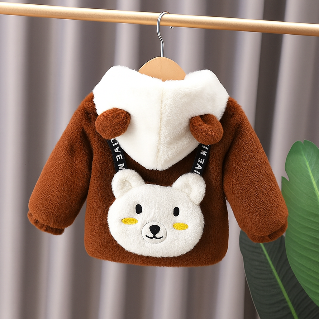 π» Cozy Plush Animal Hoodie for Kids - Chocolate Brown