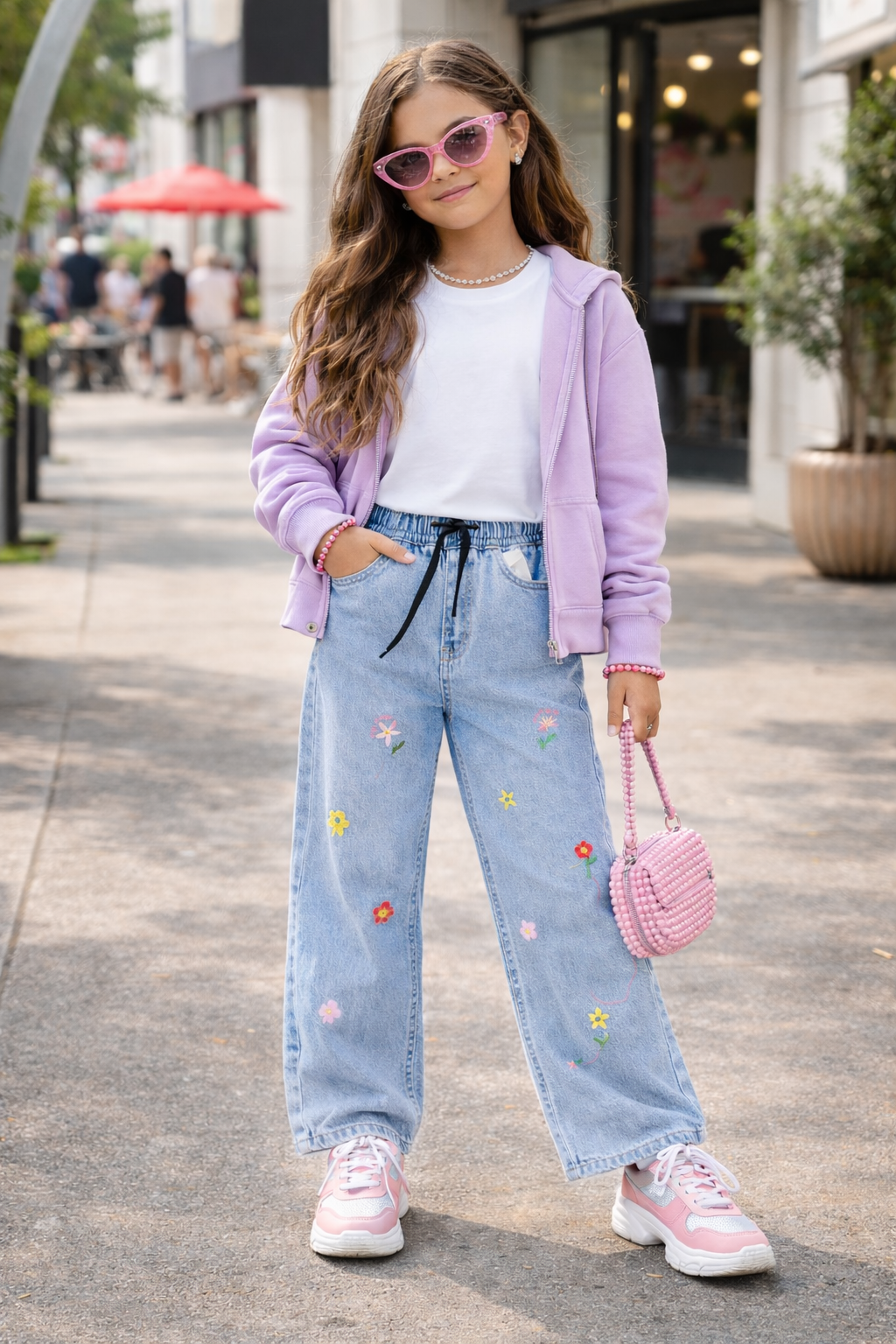 Multi Flower Embroidered Wide-Leg Pants L Blue 292