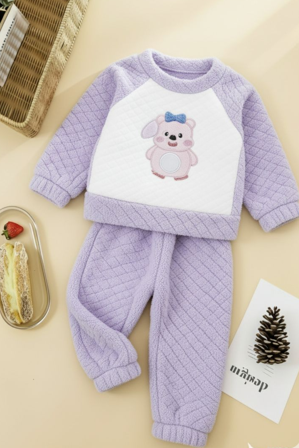 Girls’ Warm Coral Fleece Teddy Night Suit - Light Purple