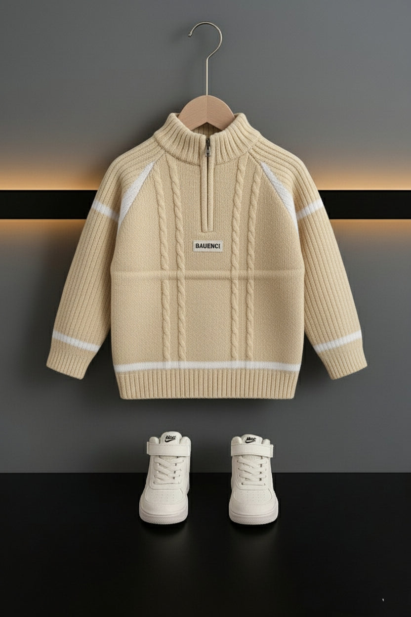 Boys Cable-Knit Half Zipper Sweater – Cream