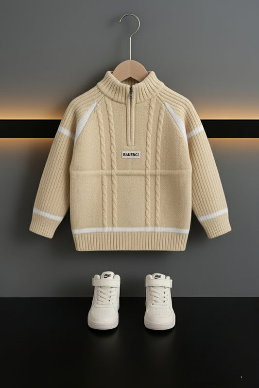 Boys Cable-Knit Half Zipper Sweater – Cream