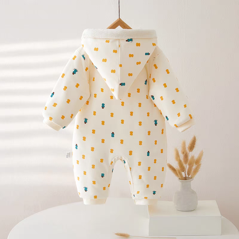 Warm Hooded Baby Romper – Soft Cotton Fleece with Cute Bear Print
