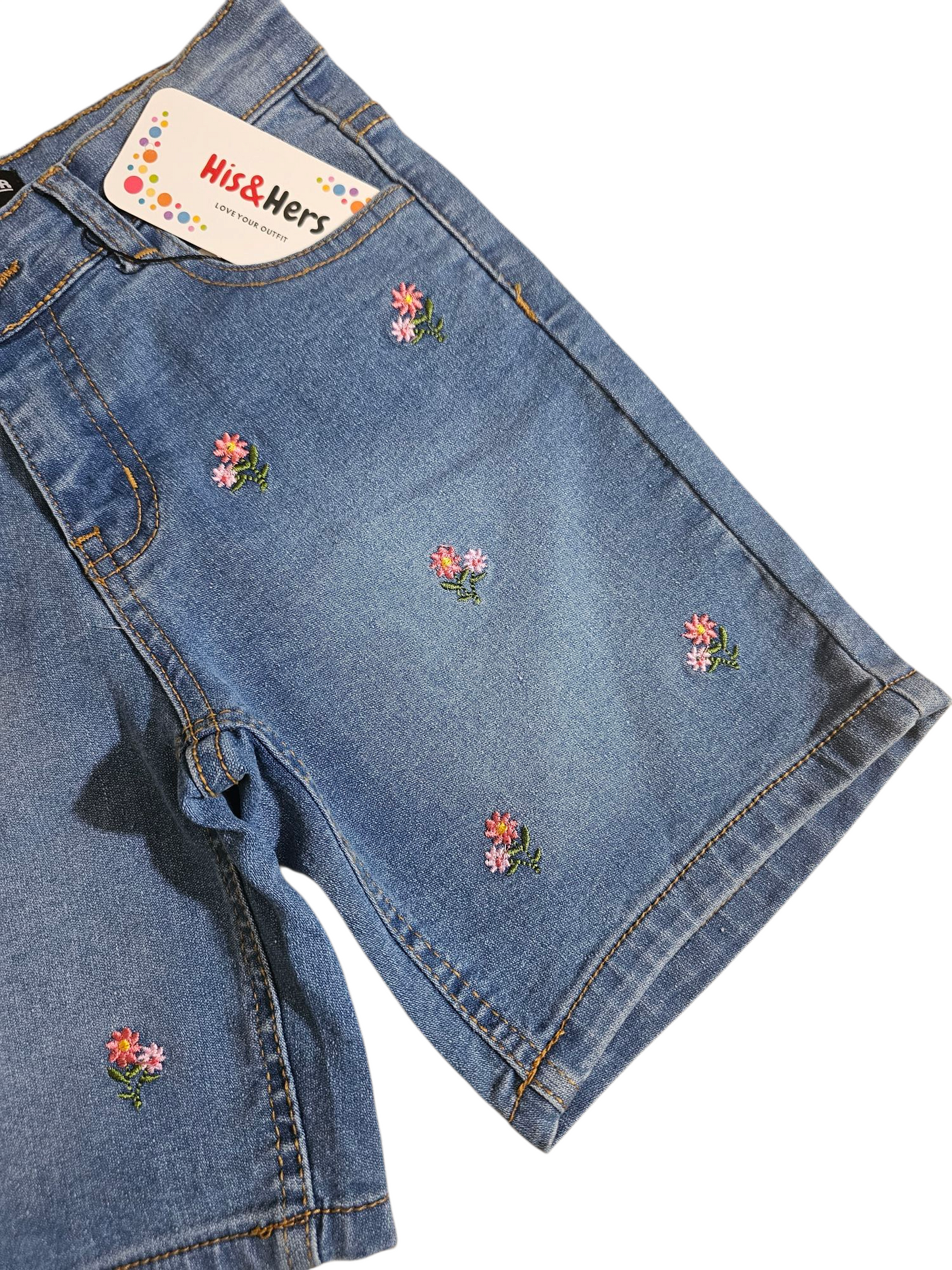 Pink Flowers Embroidery Mid Blue Denim Shorts Girls 118