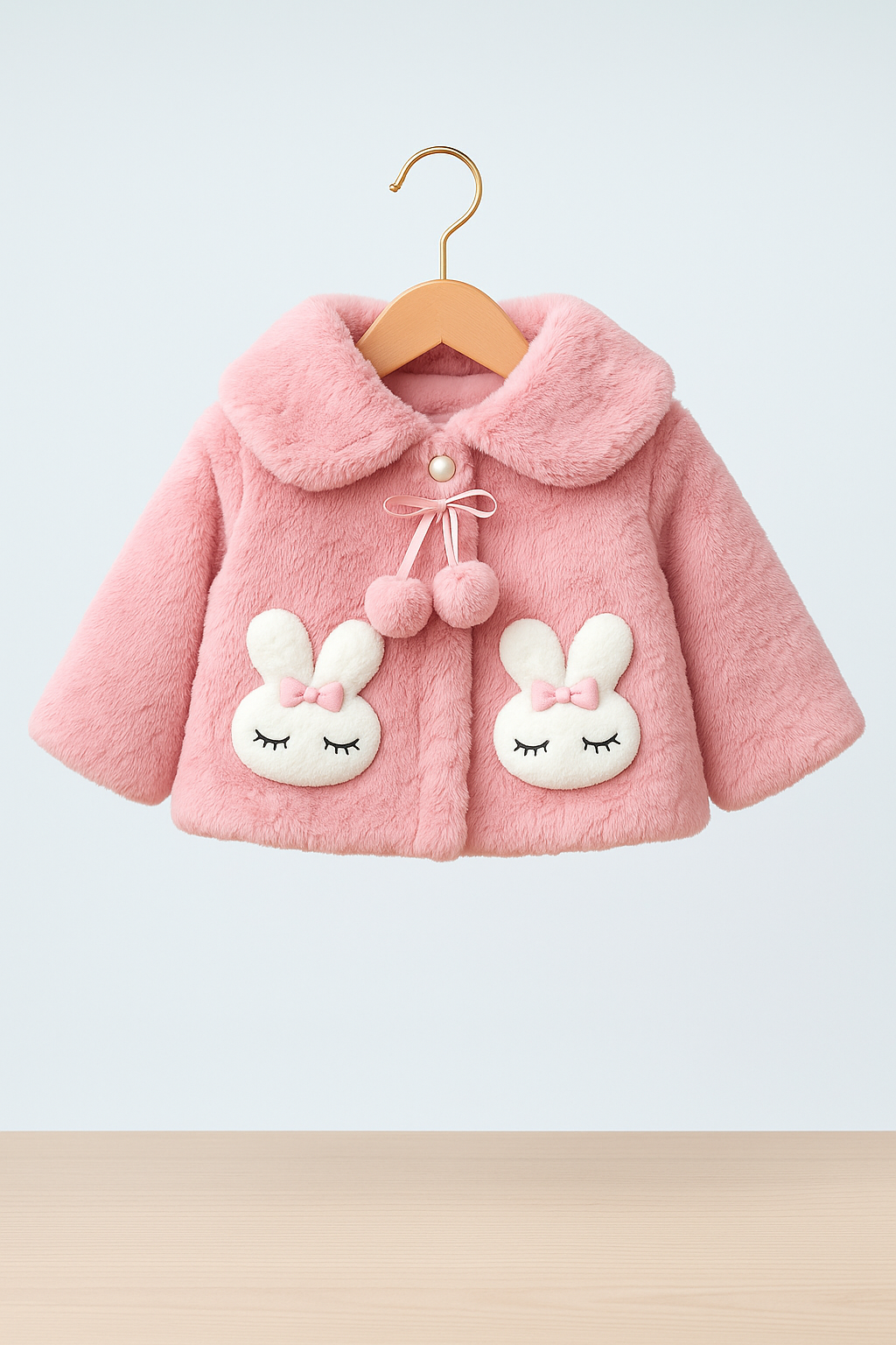 Fluffy Baby Pink Winter Cape for Baby Girls – 3D Bunny