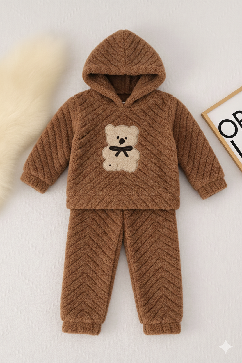 Kids Fuzzy Teddy Winter Night Suit- Burnt Brown