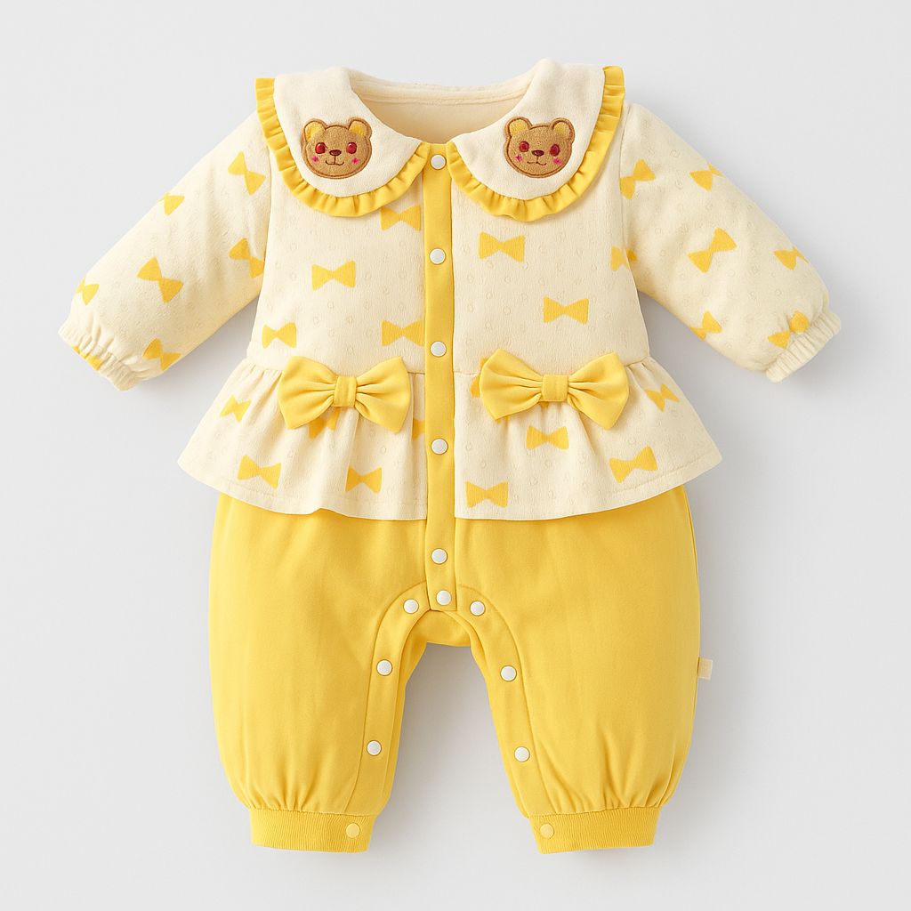 Sweet Bear Bow Baby Romper – Mustard & Cream
