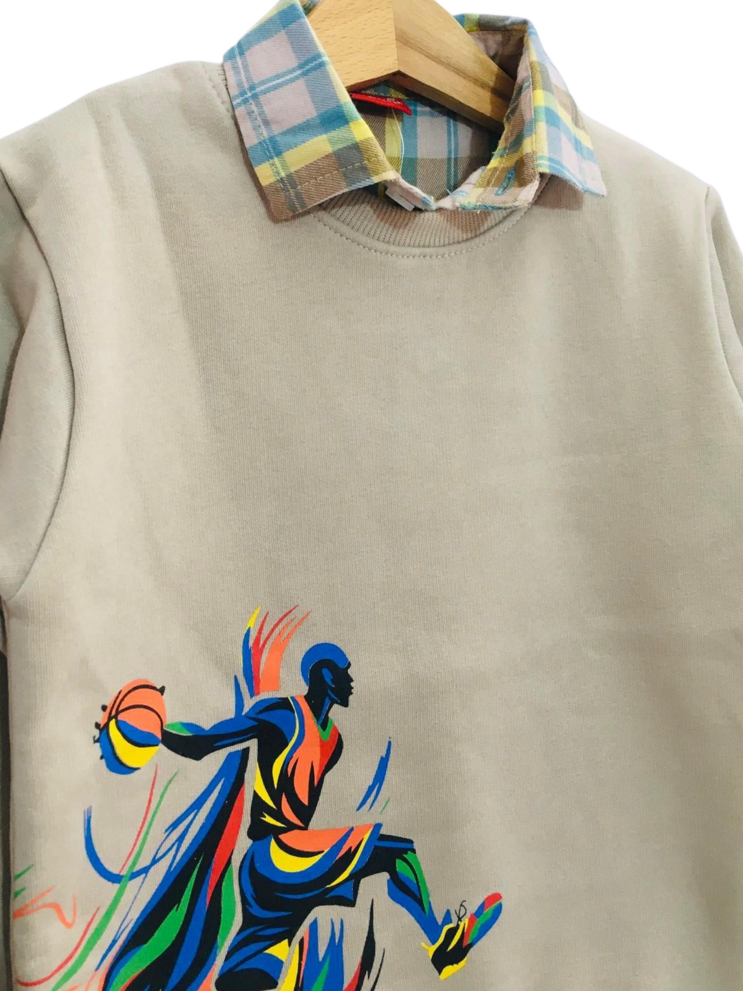 Basketball Player Cream Double Sweatshirt (Blue Yellow Checked Collar) Boys 416