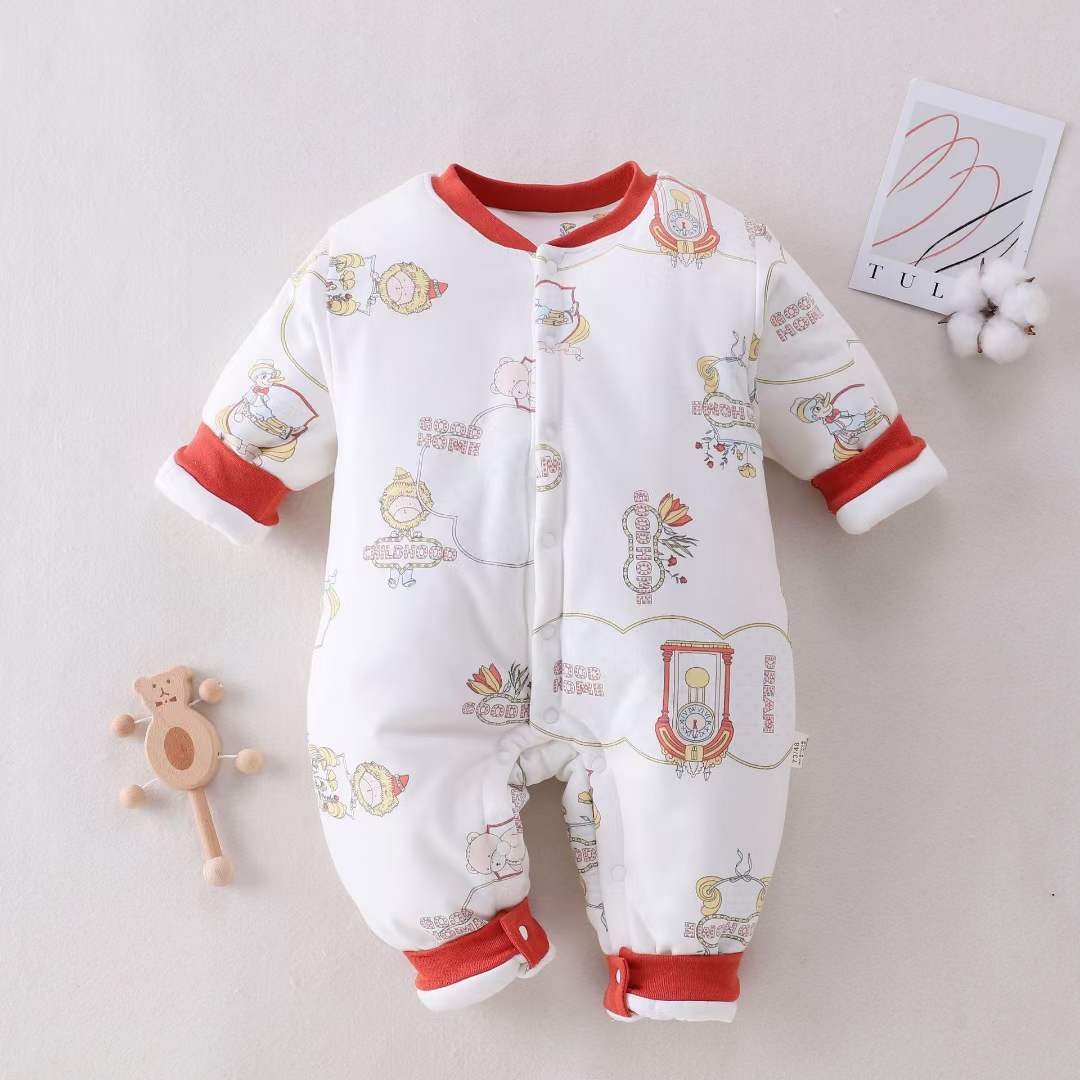 Cozy Cartoon-Print Winter Baby Romper with Red Trim