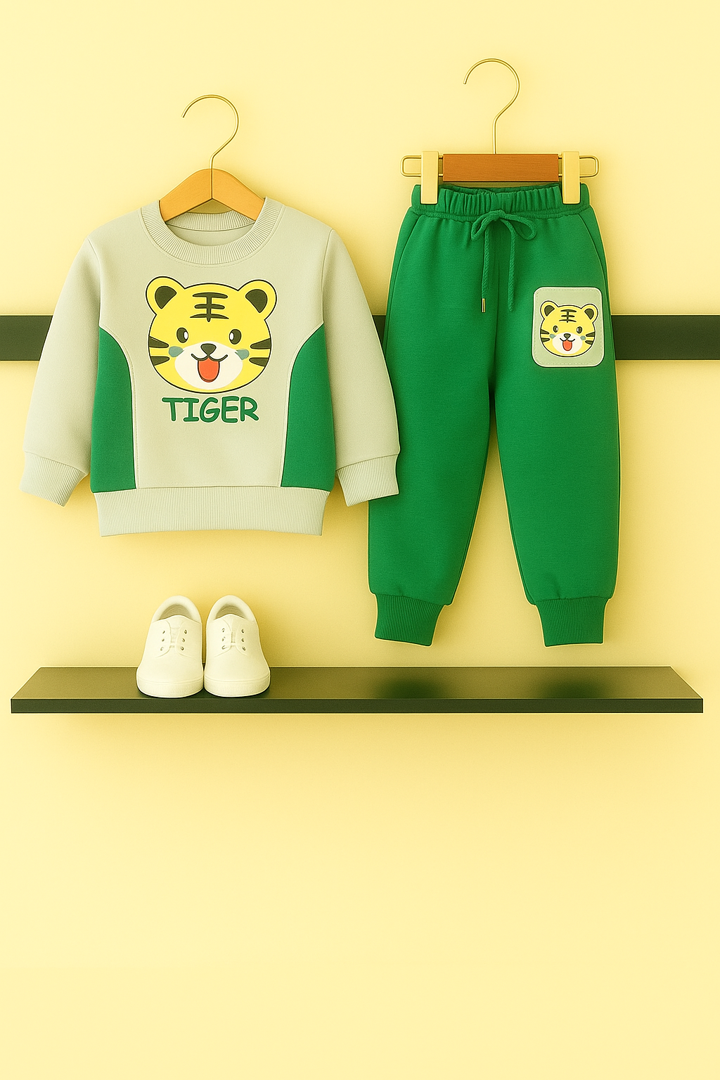 Cute Tiger Fleece Tracksuit – Green & Cream 510