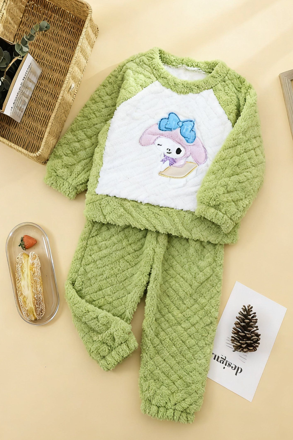 Girls’ Warm Coral Fleece Dolly Night Suit - Green