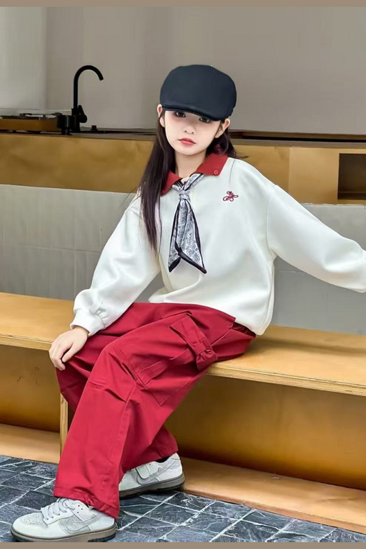 Girls Off-White Collar Sweatshirt with Mahroon Cargo Pants | Elegant 2-Piece Fashion Set
