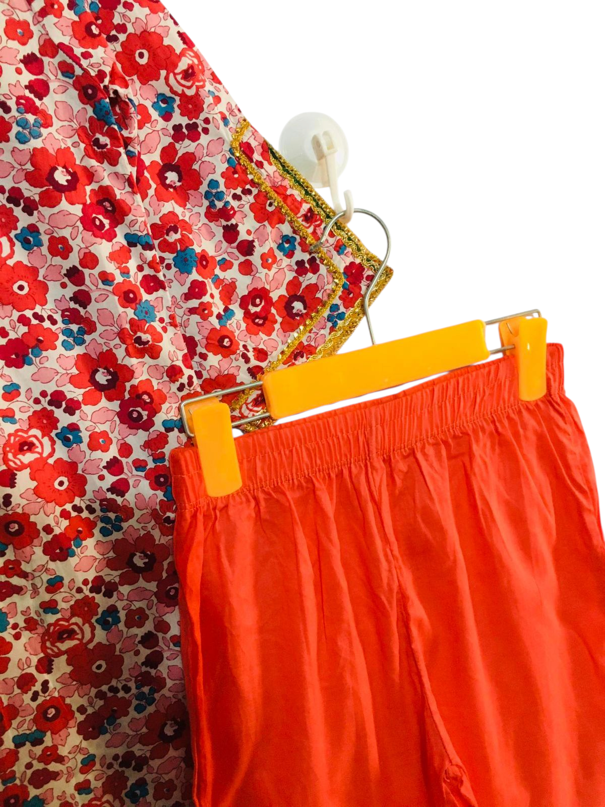 Floral Kurti & Shalwar Set for Girls – Red & Multicolor Print 440