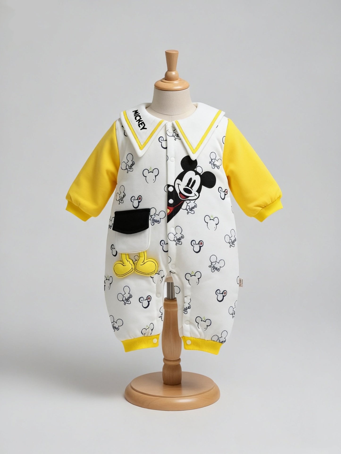 Mickey Print Quilted Bodysuit – Yellow Sleeves & Black Trim