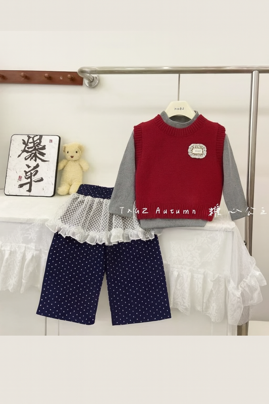 3-Piece Set – Mahroon Knit Vest, Grey Top & Polka Dot Lace Pants