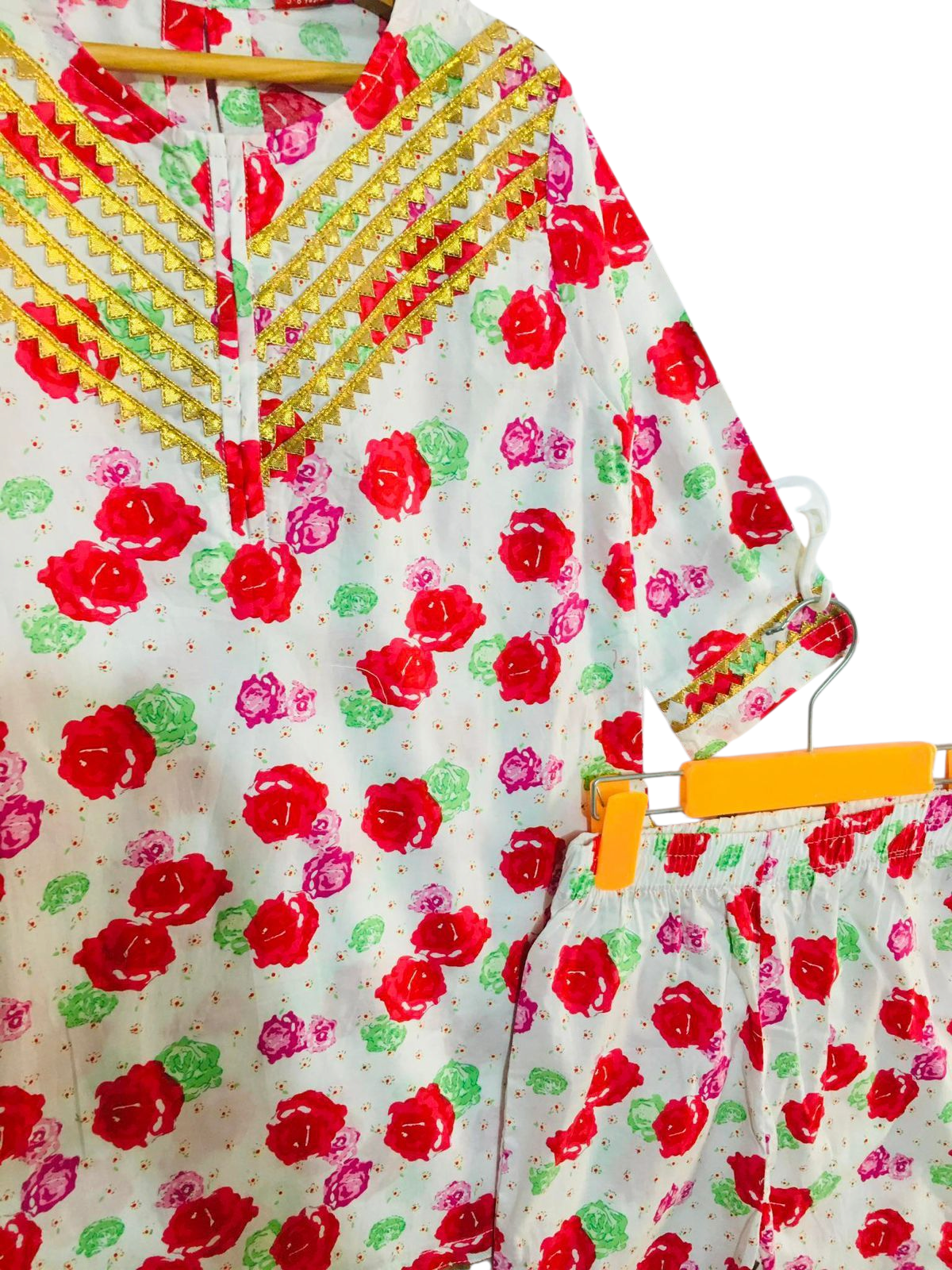 Floral Printed Cotton Suit for Girls – Red & Yellow Accent 440