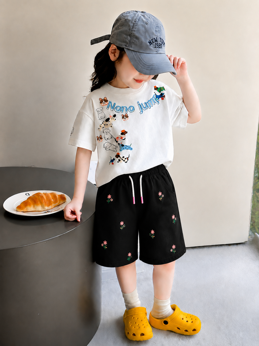 Flowers Allover Embroidered Black Denim Shorts Girls
