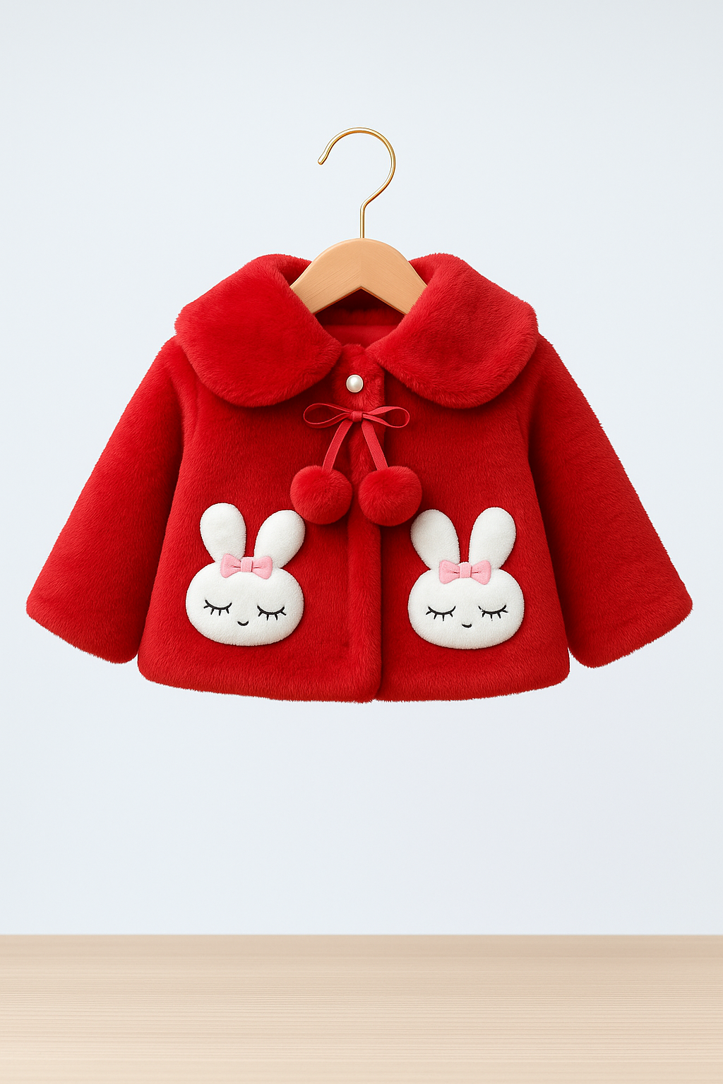 Fluffy Cherry Red Winter Cape for Baby Girls – 3D Bunny