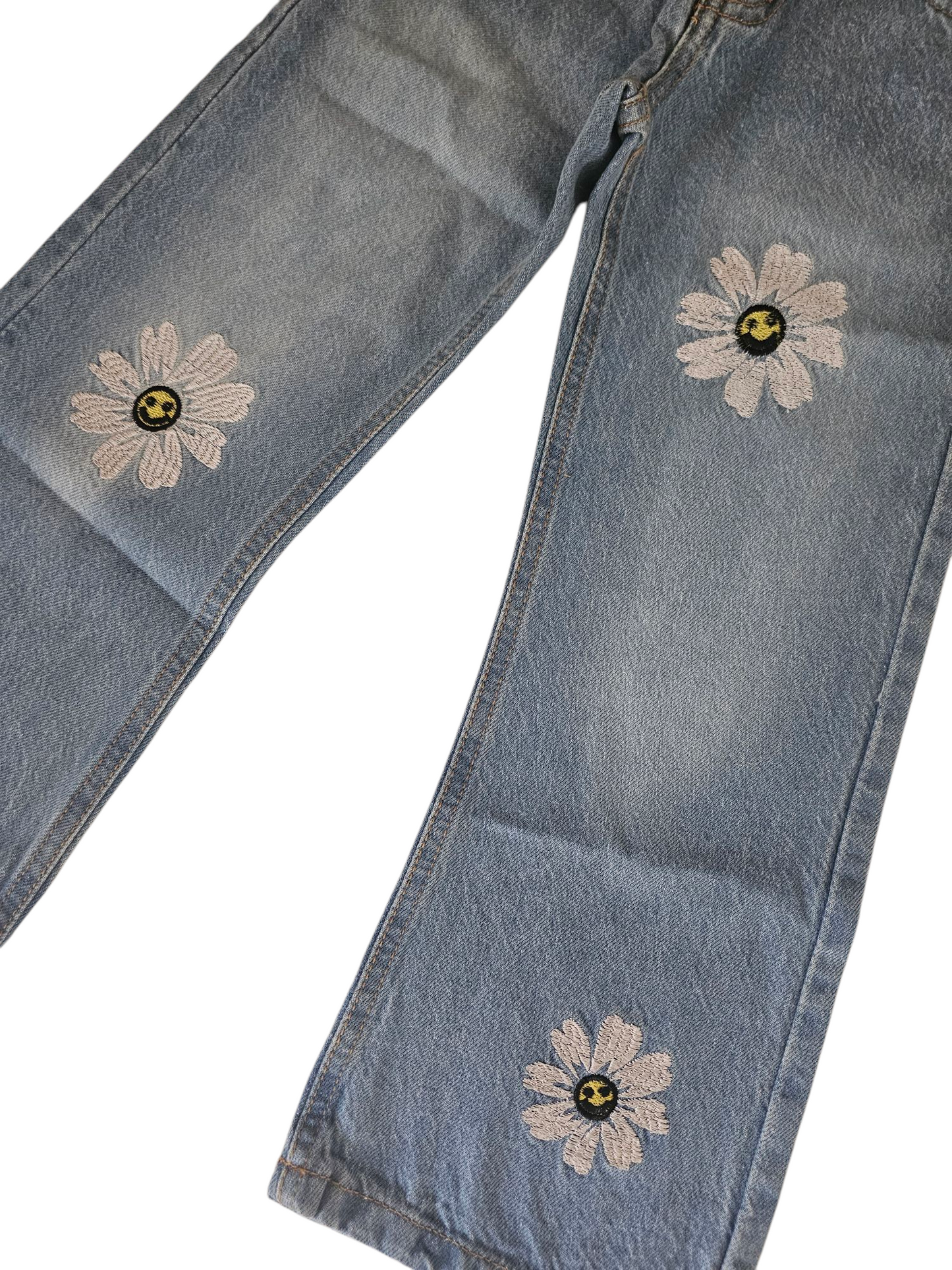 Three White Flowers Embroidered Light Blue Denim Flapper Pants Girls 269