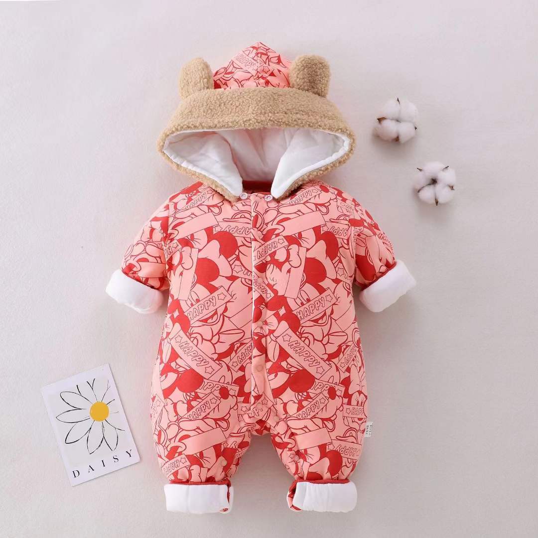 Adorable Bear-Ear Hooded Winter Romper for Babies