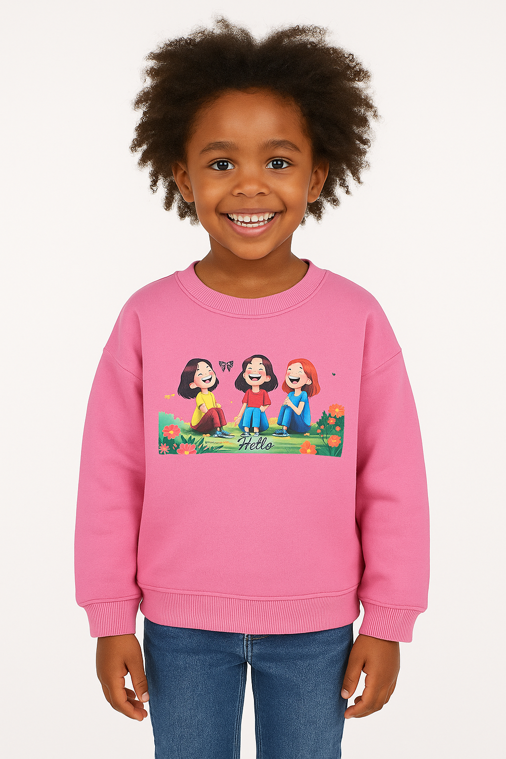 Pink Drop Shoulder Cartoon Print Sweatshirt for Girls 301