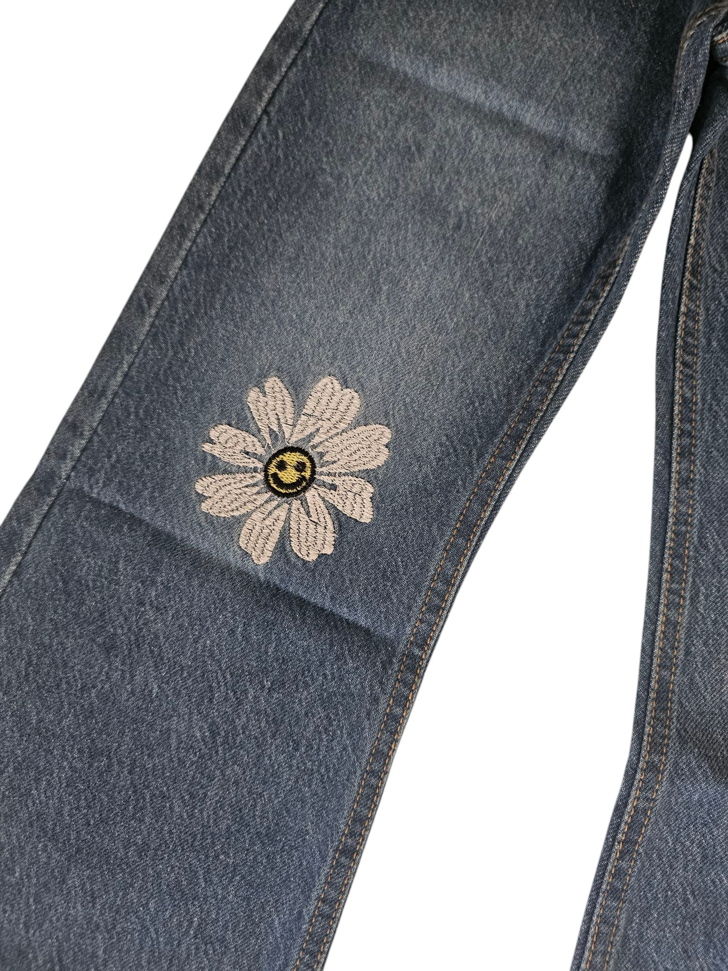 Three White Flowers Embroidered Mid Blue Denim Flapper Pants Girls 269