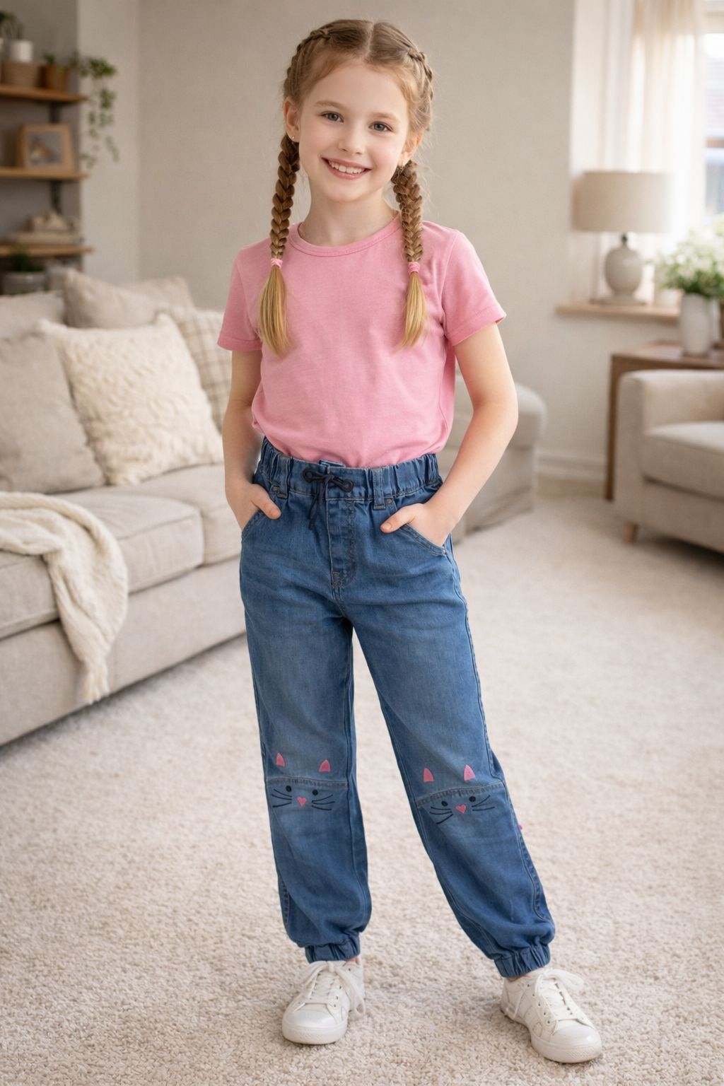 Cute Cat Print Denim Jogger Pants for Girls - Mid Blue