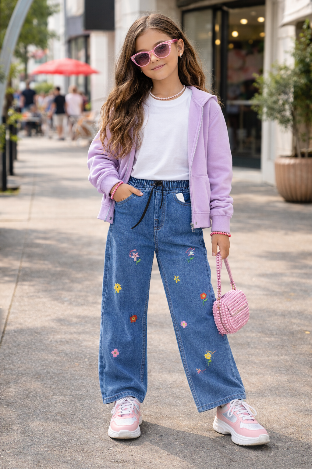 Multi Flower Embroidered Wide-Leg Pants M Blue 291
