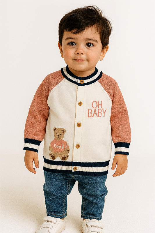 Bear Print Knitted Pink Sweater Cardigans Boys