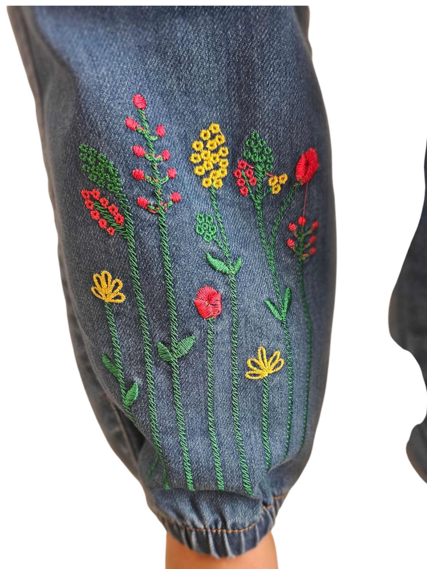 Colorful Flowers Embroidered Mid Blue Ankle Tie Denim Pants Girls 270
