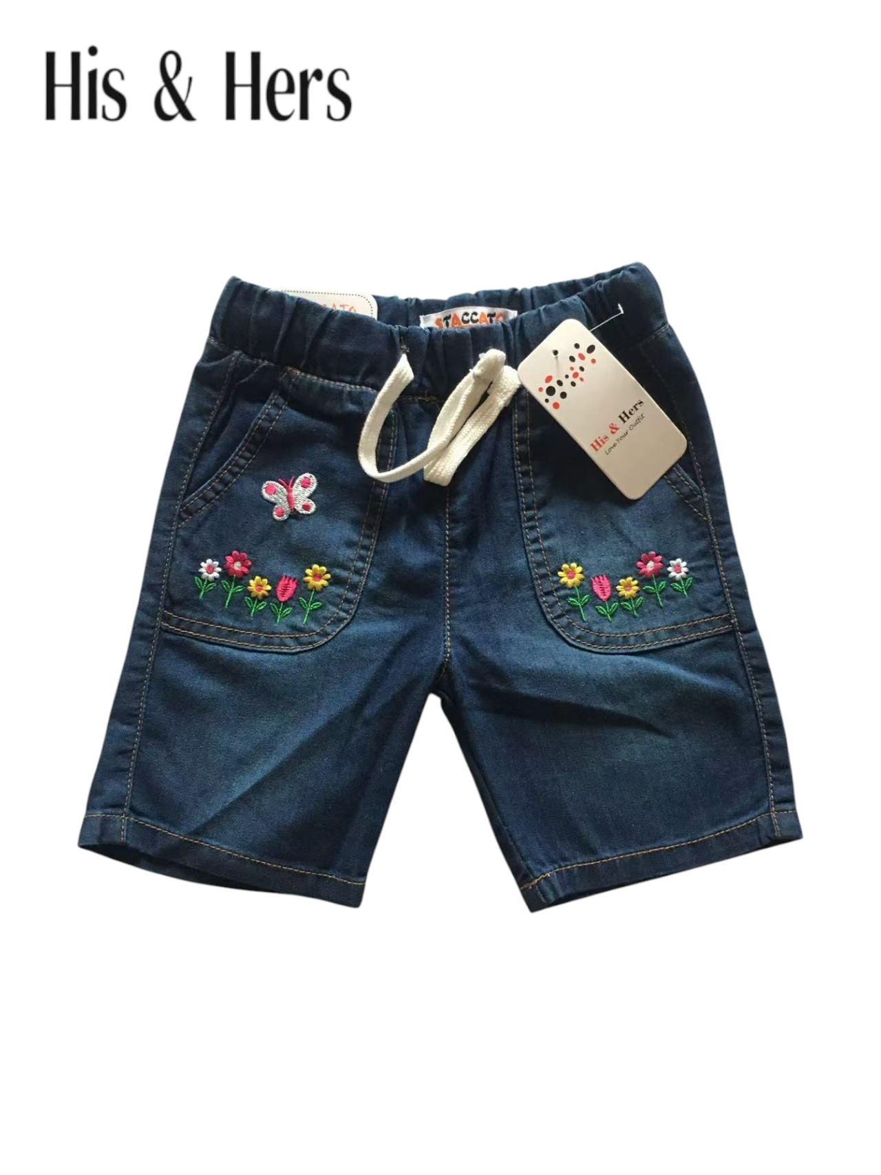 Flowers Embroidery Mid Blue Denim Shorts Girls 120