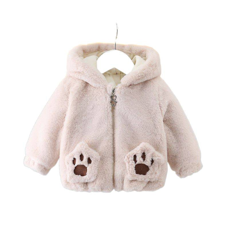 Plush Teddy Bear Hoodie Jacket – Soft Beige Fur with 3D Ears & Paw Pockets