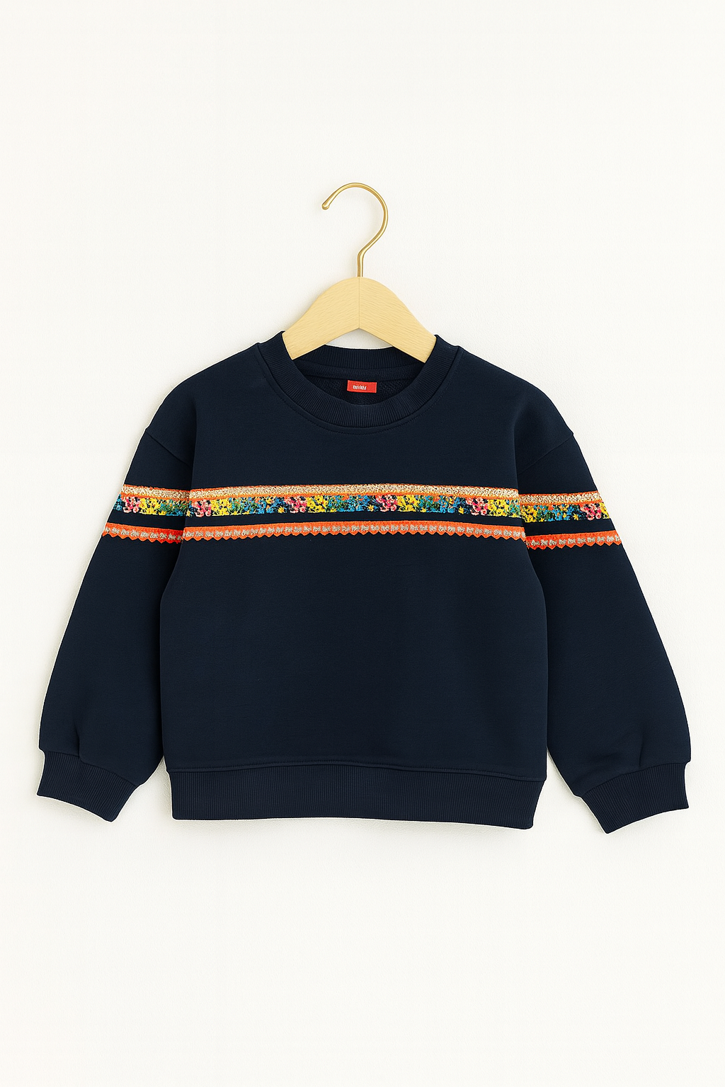 Navy Blue Floral Trim Kids Sweatshirt 122