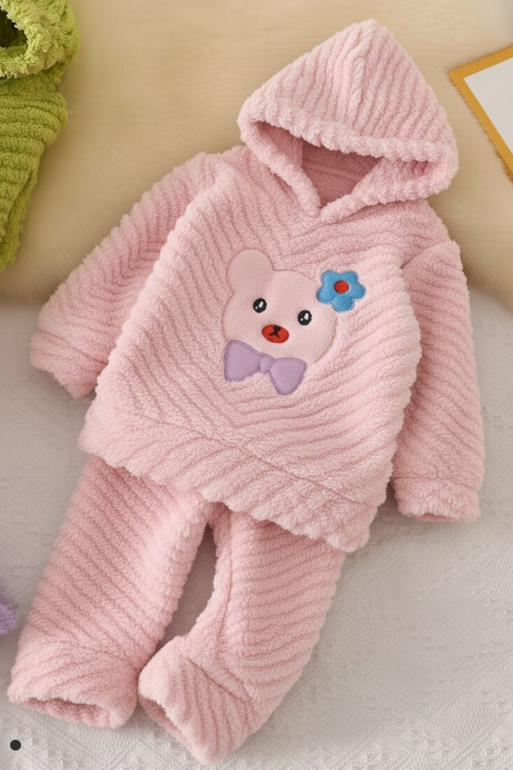 Kids Fuzzy Bear Winter Night Suit- Baby Pink