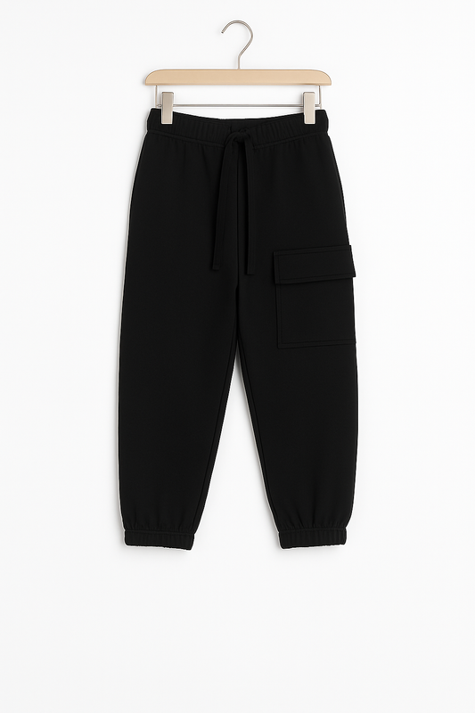 Side Pocket Fleece Cargo Trousers -Black