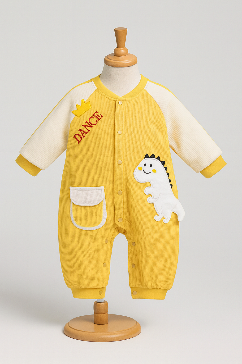 Playful Dino Dance Baby Romper – Yellow & Cream