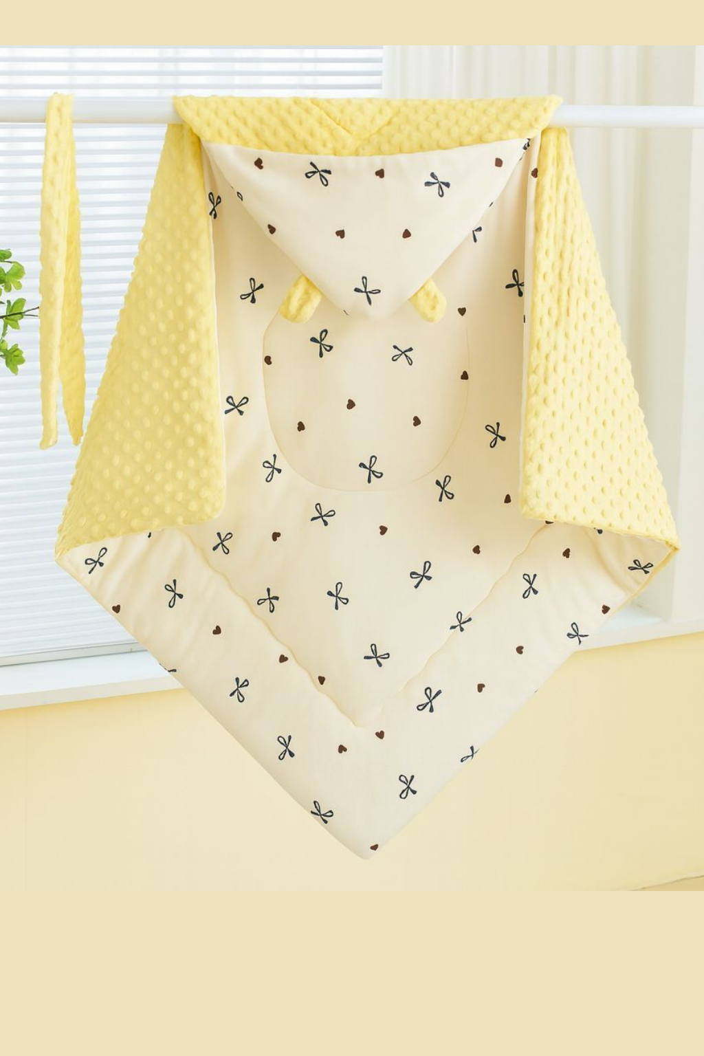 Yellow Bow & Heart Plush Baby Swaddle Blanket