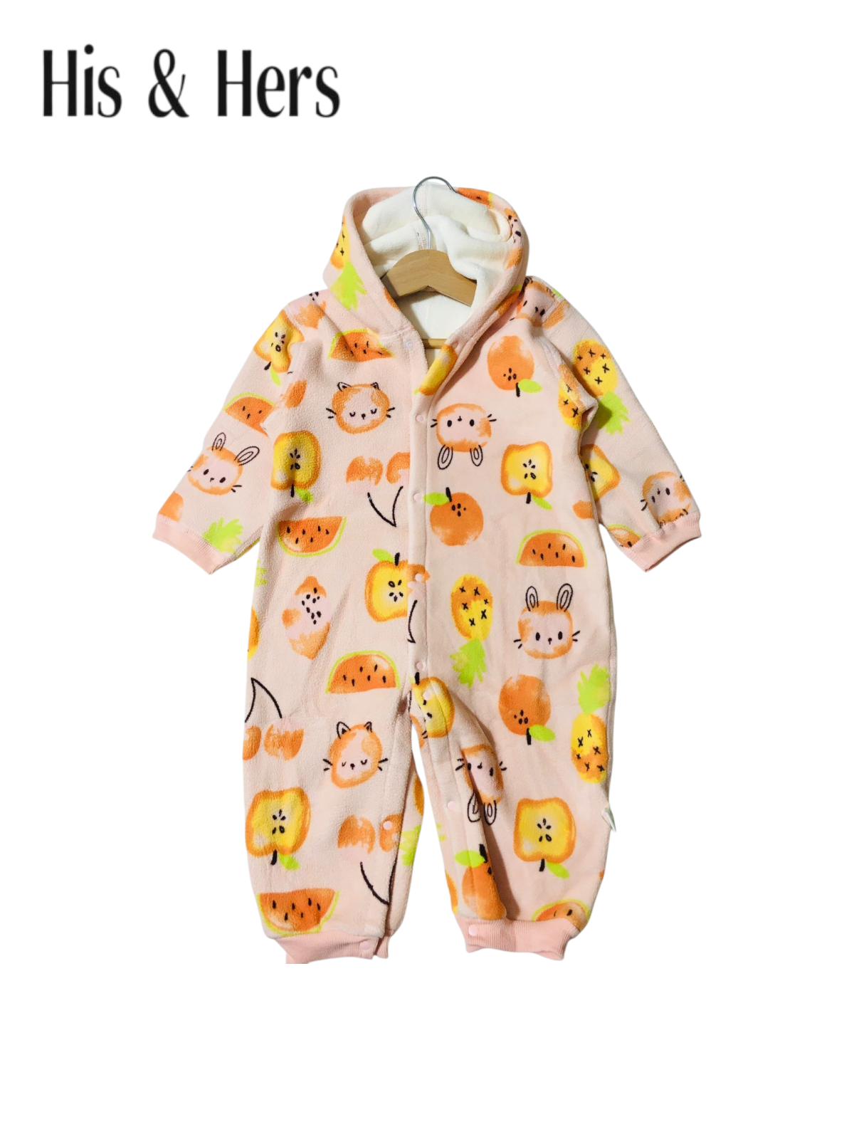 Yummy Fruits Print Polar Fleece Pink Jumpsuit Bodysuit