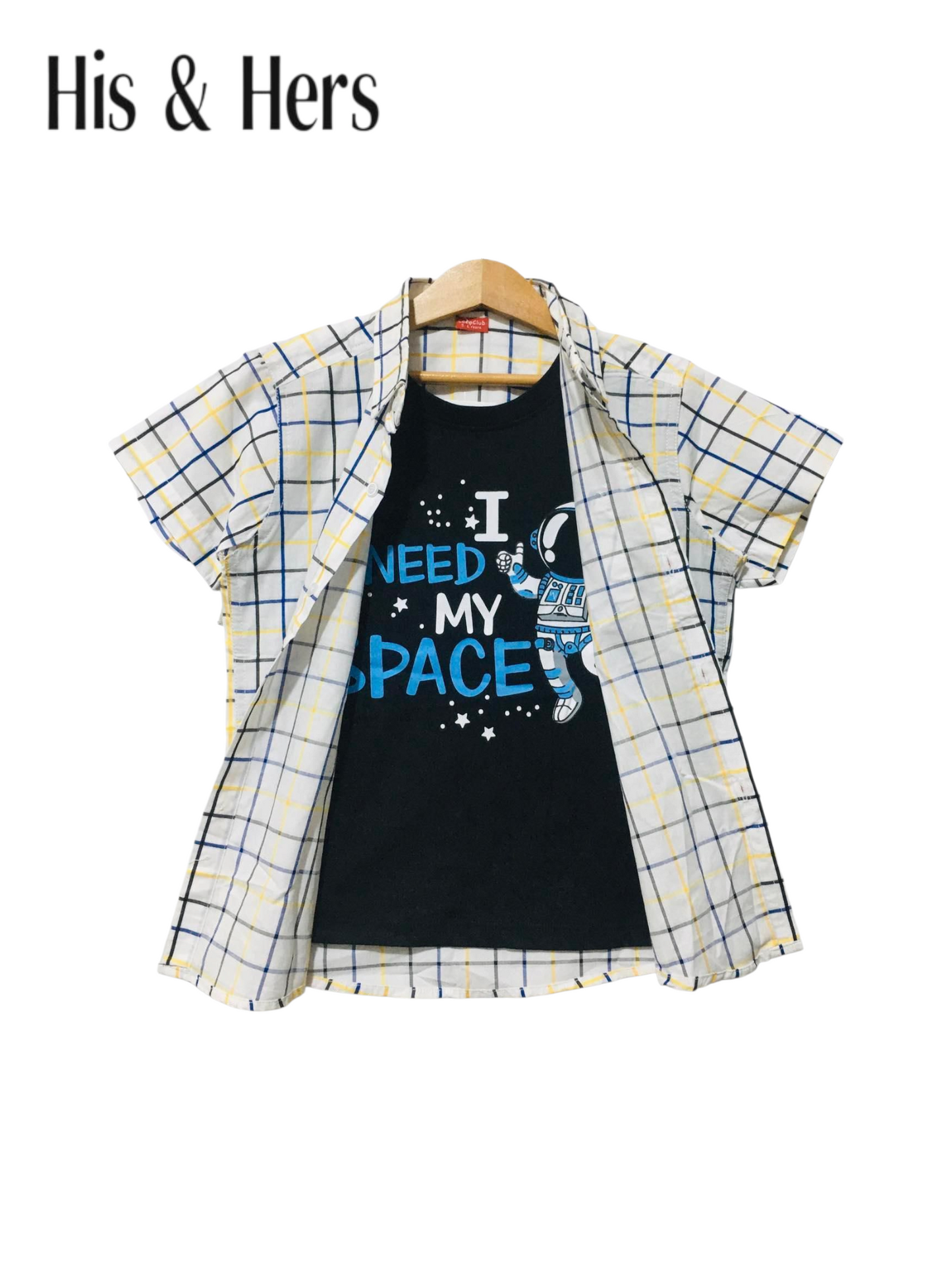 Blue & Yellow Checked Astronaut Print Double Casual Shirt Boys
