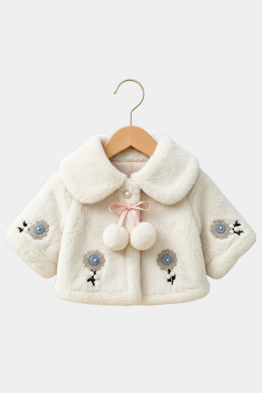 Fluffy Cream White Winter Cape for Baby Girls – 3D Flowers