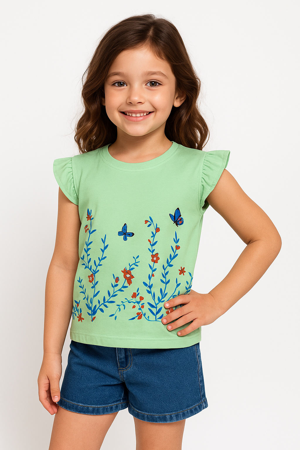 Butterfly & Flowers Sleeveless Green T-Shirt Girls