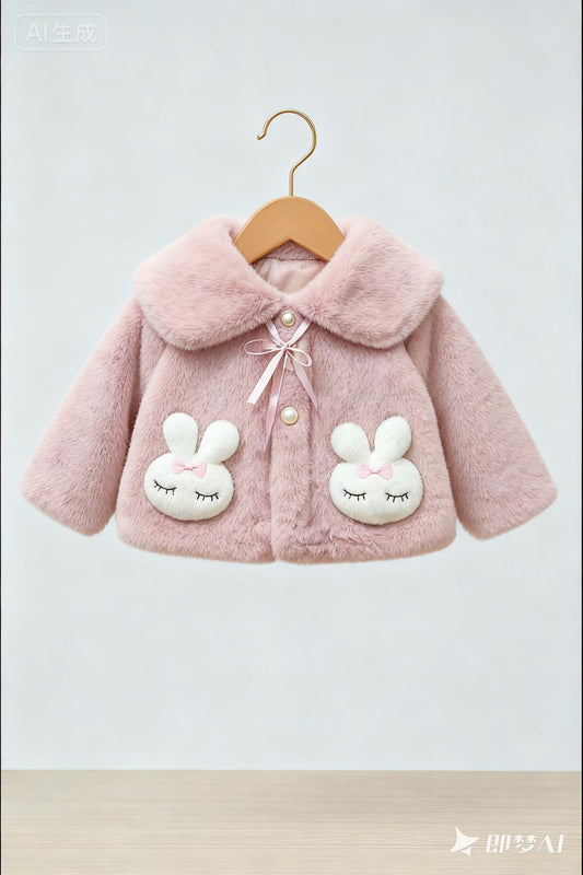 Fluffy Pink Winter Cape for Baby Girls – 3D Bunny