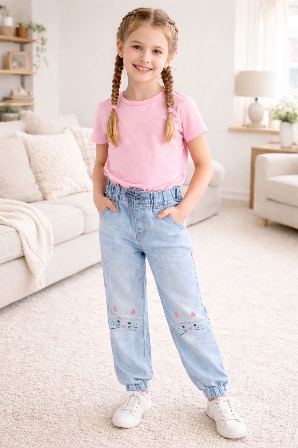 Cute Cat Print Denim Jogger Pants for Girls - Light Blue