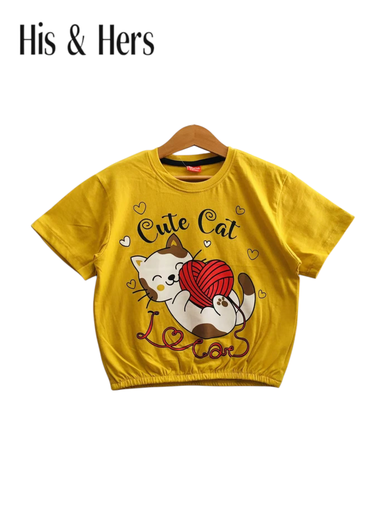 Cute Cat Mustard Yellow T-Shirt Short Length Girls 219