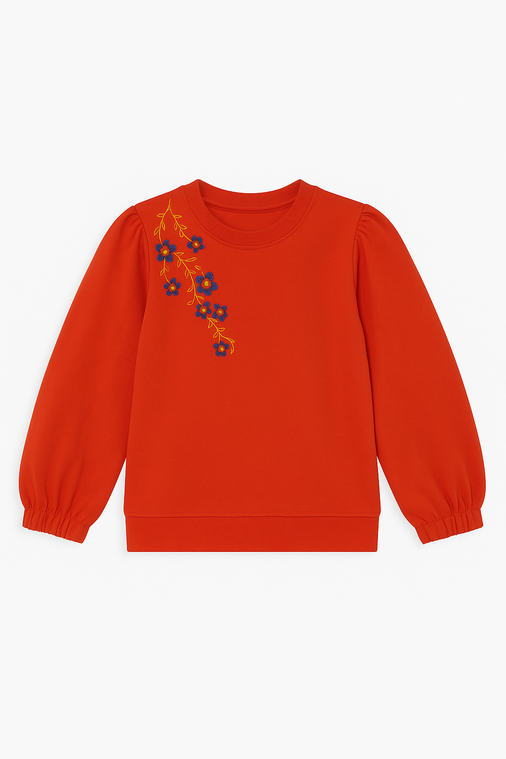 Girls Red Sweatshirt – Floral Embroidery with Puff Sleeves 303