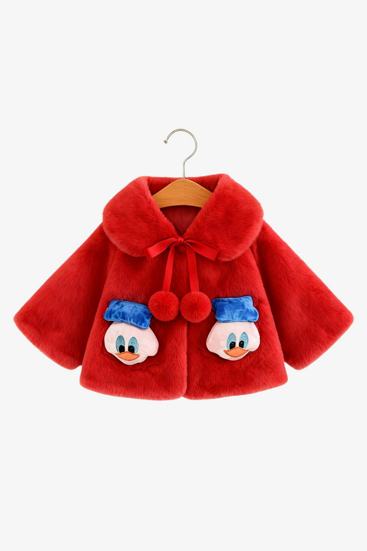 Fluffy Red Winter Cape for Baby Girls – 3D Duckling