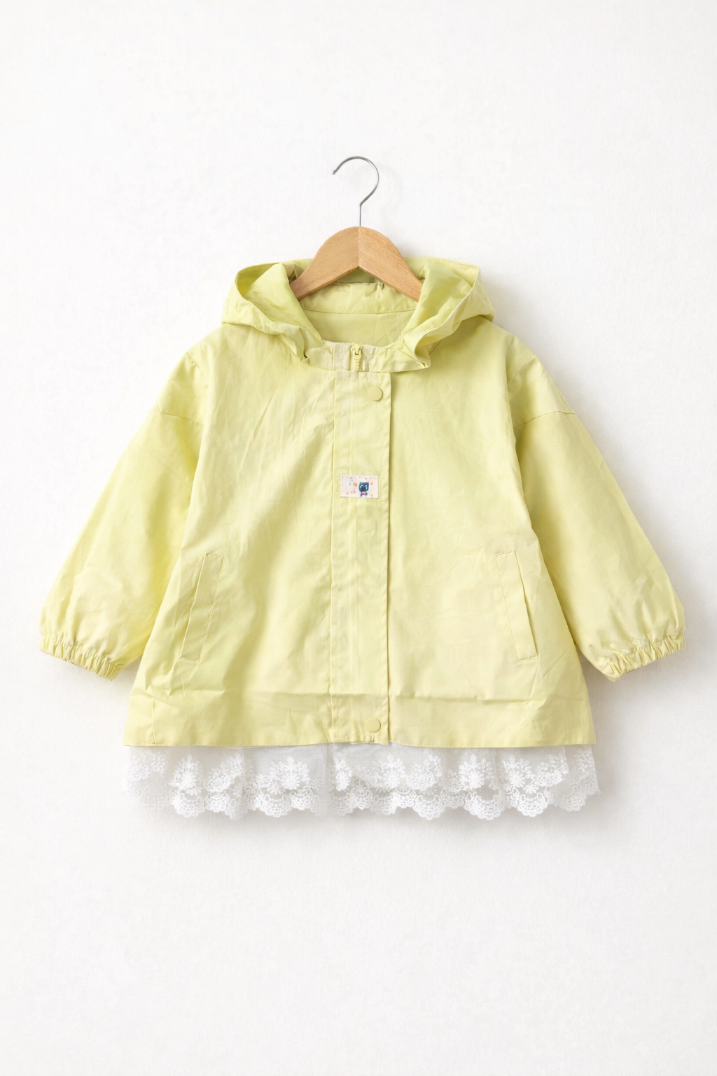 Greenish Yellow Hooded Girls Jacket with Lace Hem