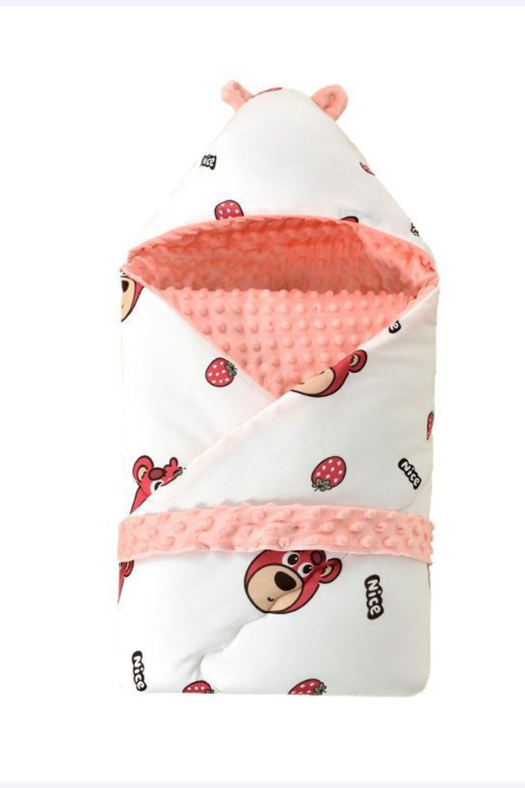 Strawberry Bear Baby Swaddle Blanket – Soft Pink Minky Plush Hooded Wrap for Newborns