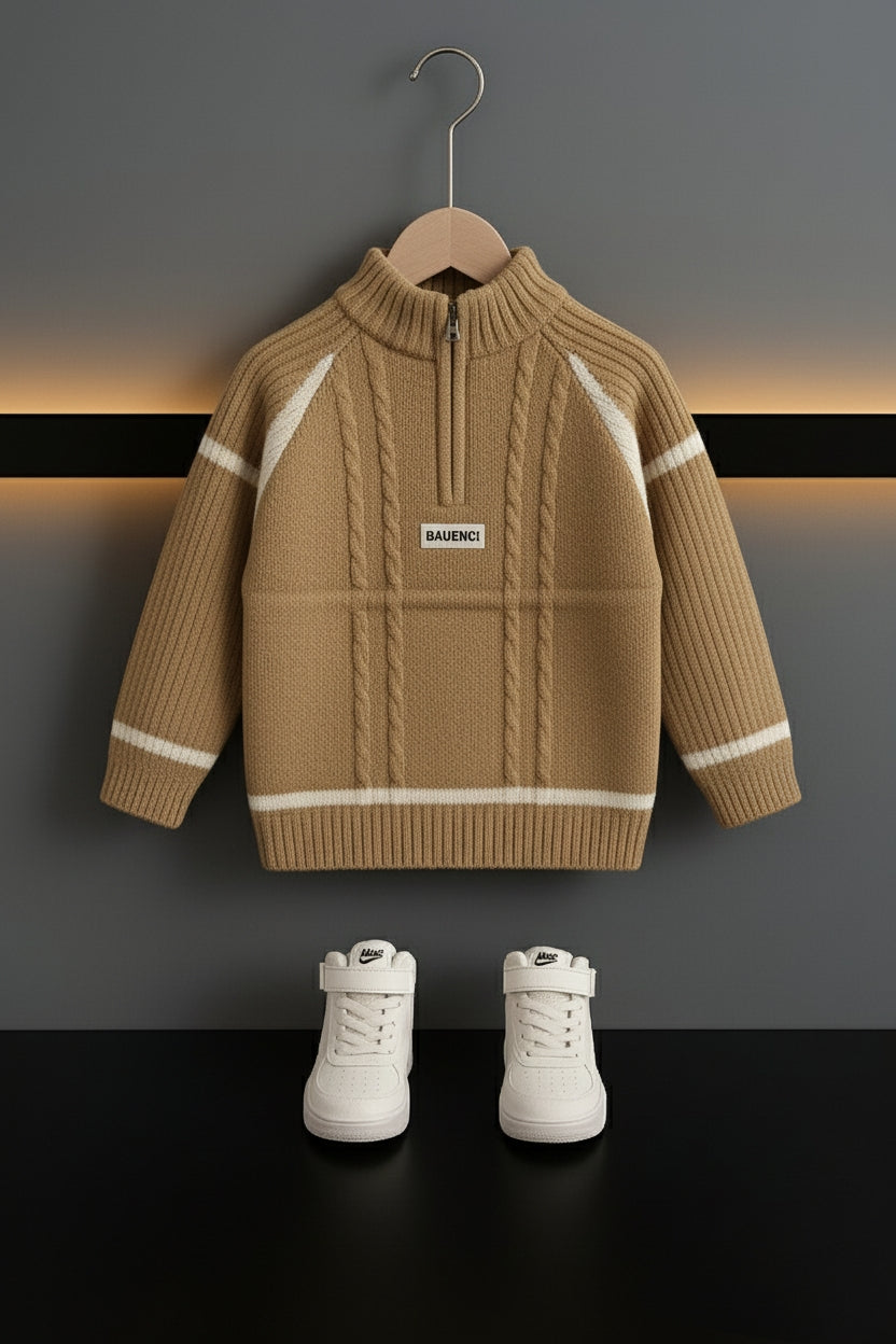 Boys Cable-Knit Half Zipper Sweater – Brown