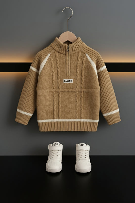 Boys Cable-Knit Half Zipper Sweater – Brown