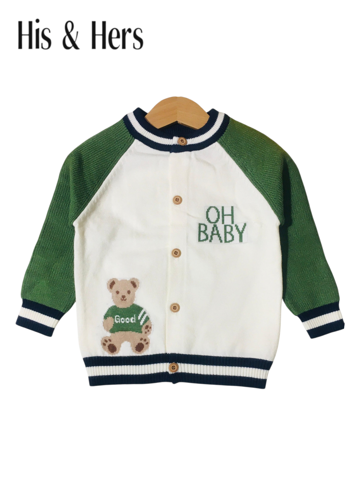 Bear Print Knitted Green Sweater Cardigans Boys
